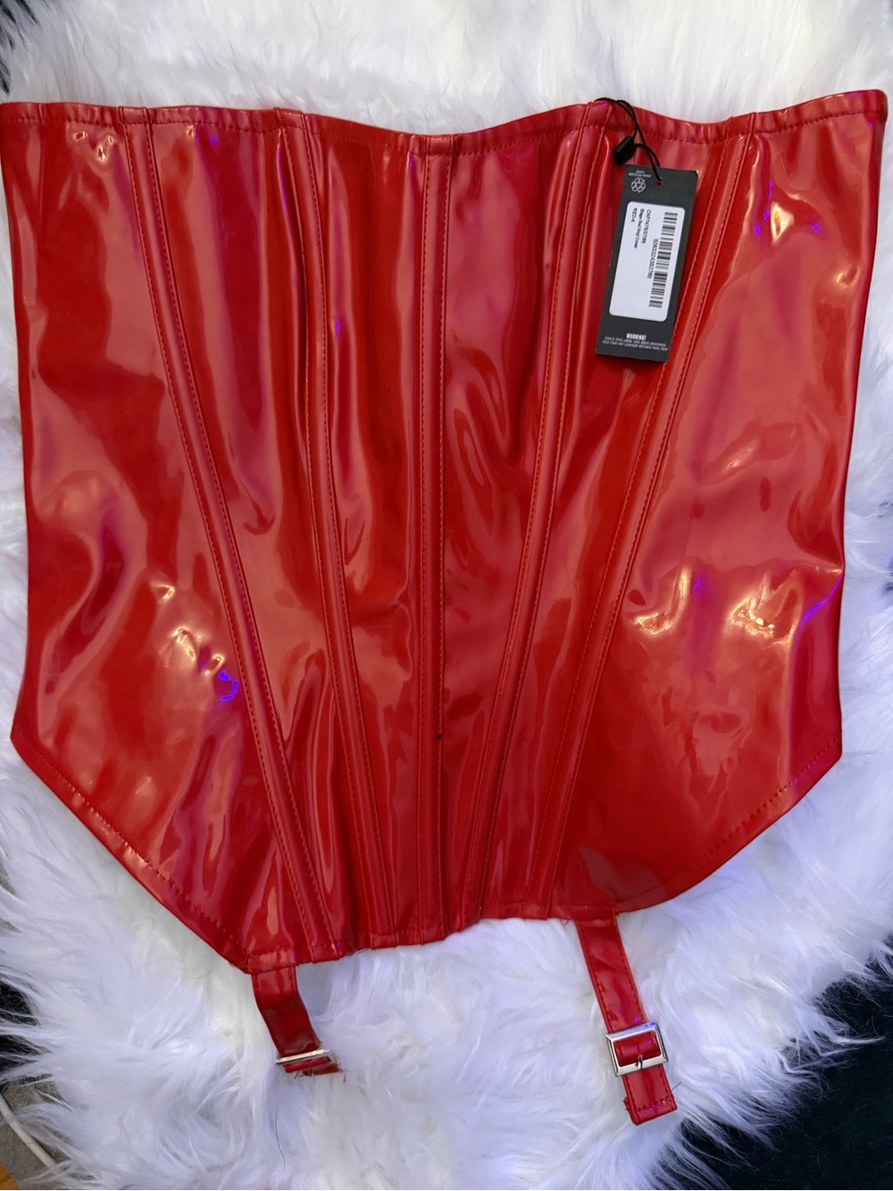 PrettyLittleThing Red Vinyl Corset Top with Garter Details